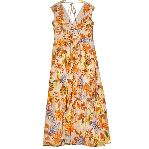 Guess Orange Floral Gilda Pleated V-Neck Cap Sleeve Maxi Dress $158 Size XL NEW! - Picture 4 of 12